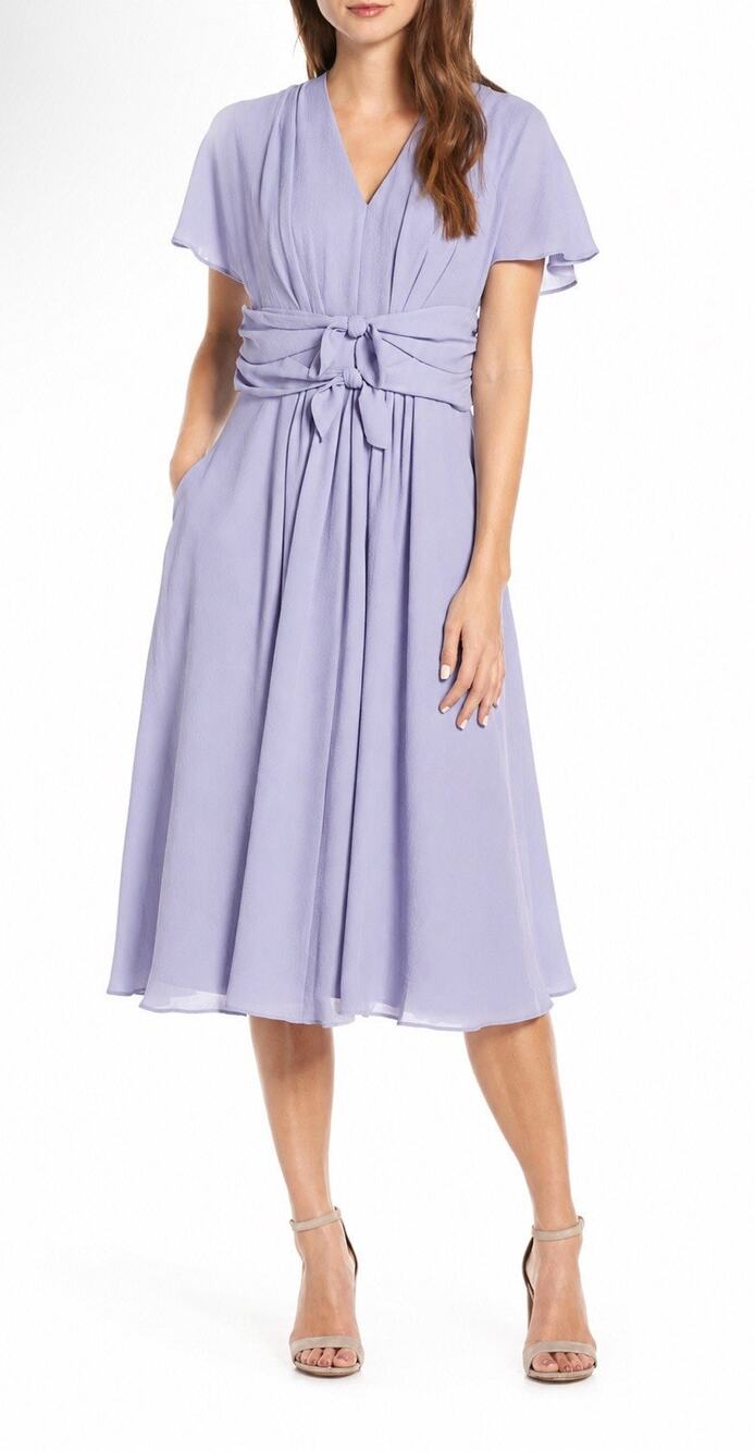 Gal Meets Glam Jane Lavender Chiffon Midi Dress Tie Waist Flutter Sleeve Size 14